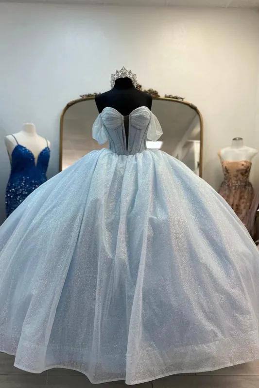 Glitter Light Blue Quinceanera Dress Corset Off the Shoulder 15 Dress with Bow sold by My Chic Dress