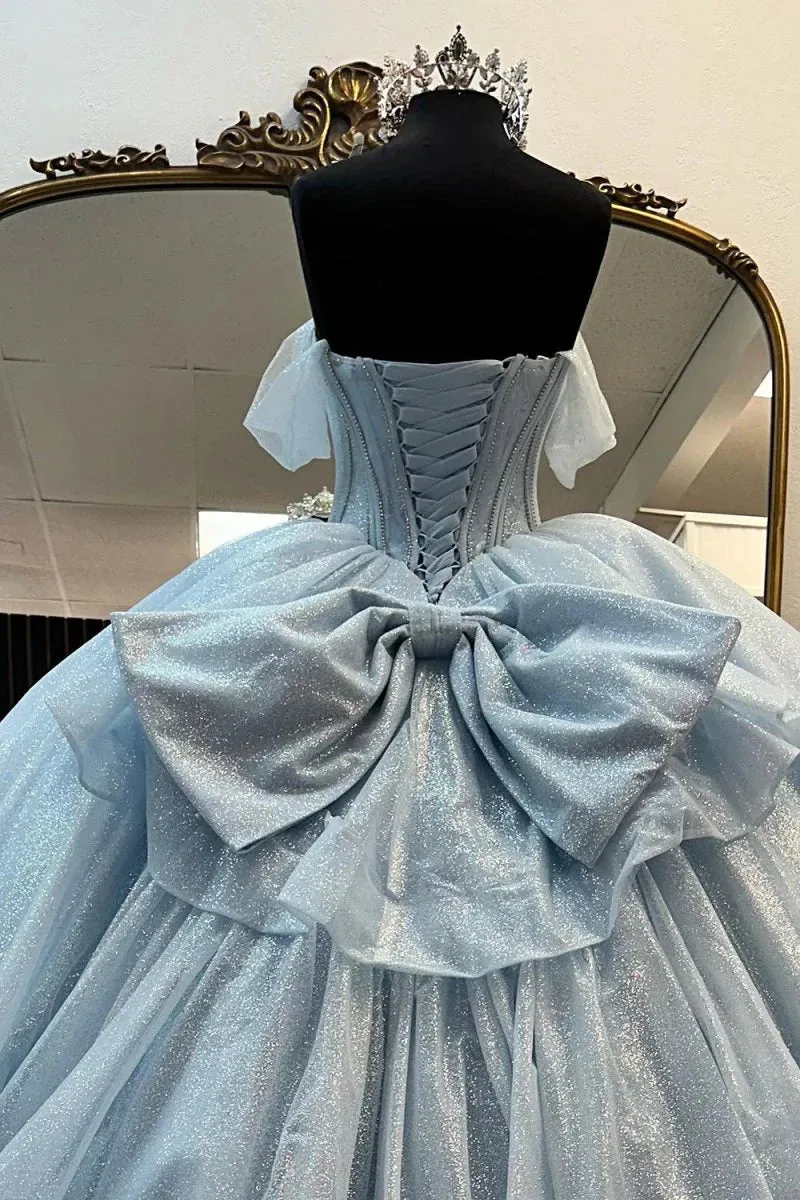 Glitter Light Blue Quinceanera Dress Corset Off the Shoulder 15 Dress with Bow sold by My Chic Dress product image thumbnail 4