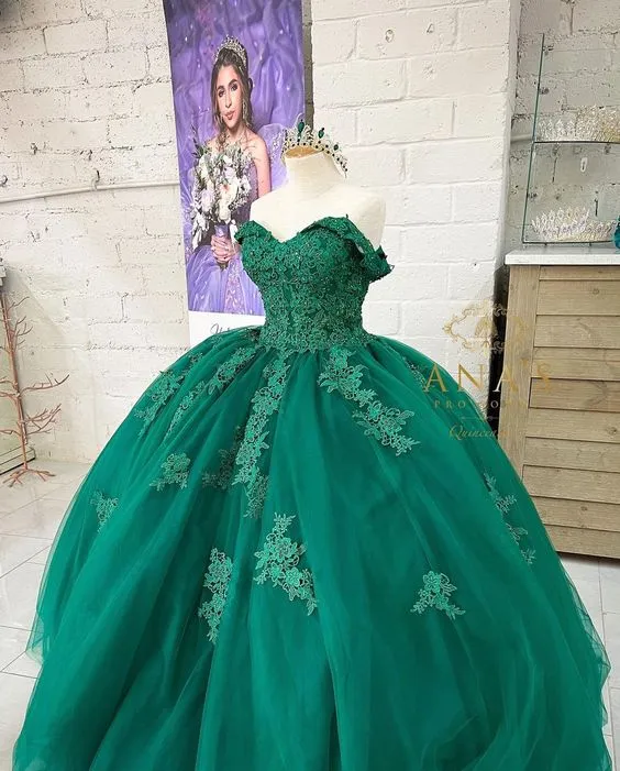 Off the Shoulder Green Quinceanera Dresses Ball Gown Lace Appliques sold by My Chic Dress