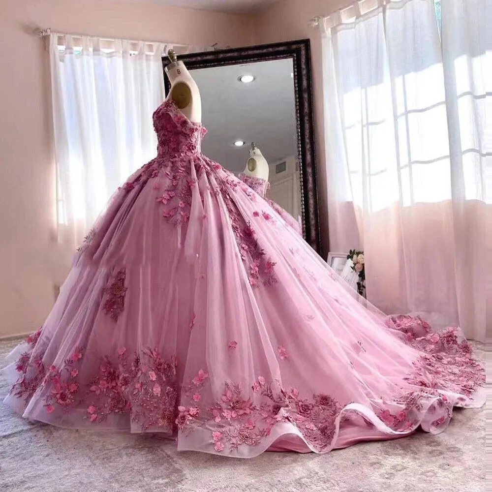 Princess Pink Quince Dresses Off The Shoulder 3D Flowers sold by My Chic Dress product image thumbnail 4