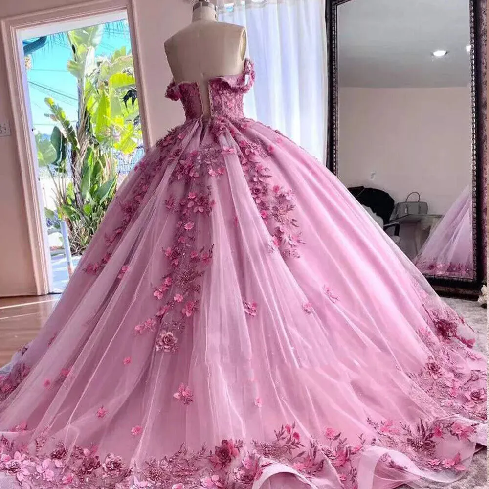 Princess Pink Quince Dresses Off The Shoulder 3D Flowers sold by My Chic Dress product image thumbnail 3
