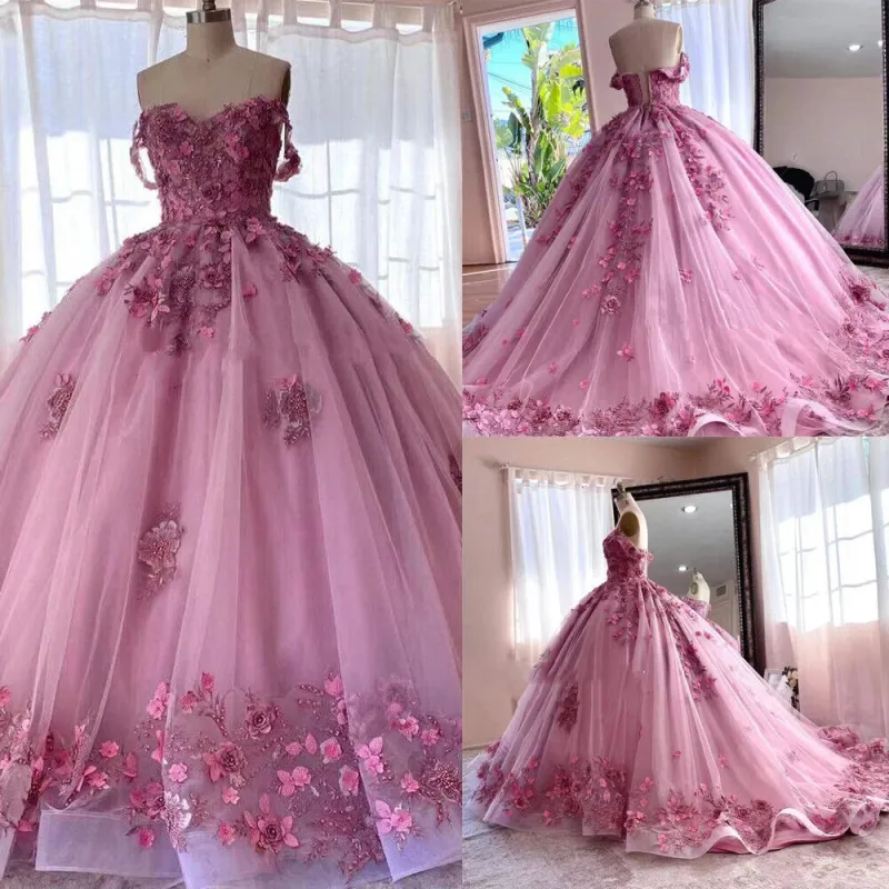 Princess Pink Quince Dresses Off The Shoulder 3D Flowers sold by My Chic Dress