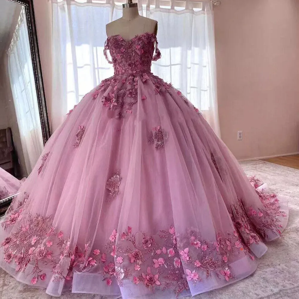 Princess Pink Quince Dresses Off The Shoulder 3D Flowers sold by My Chic Dress product image thumbnail 2