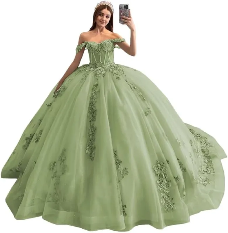 Sparkly Puffy Sage Sweet 16 Quinceanera Dresses Lace Beaded 3D Floral sold by My Chic Dress