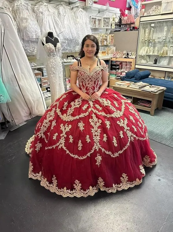 Red Gold Sweet 16 Dress Tulle Lace Quince Dress Vestidos de 15 Años Off Shoulder sold by My Chic Dress