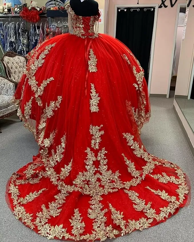 Off Shoulder Ball Gown Red Quinceanera Dress With Gold Lace Embellishment sold by My Chic Dress product image thumbnail 3