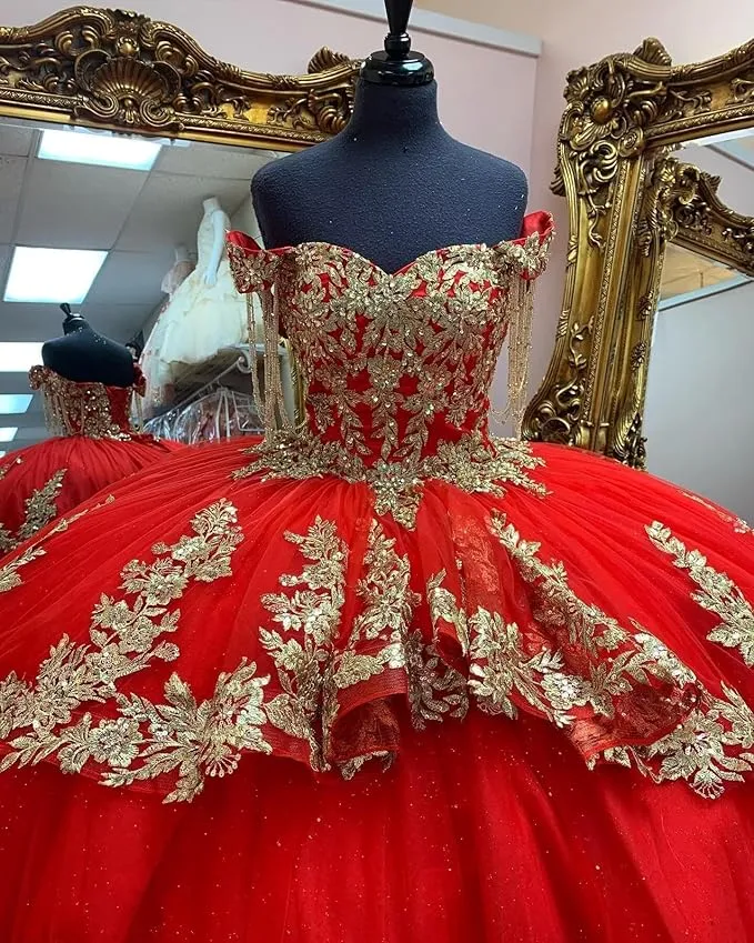 Off Shoulder Ball Gown Red Quinceanera Dress With Gold Lace Embellishment sold by My Chic Dress product image thumbnail 2