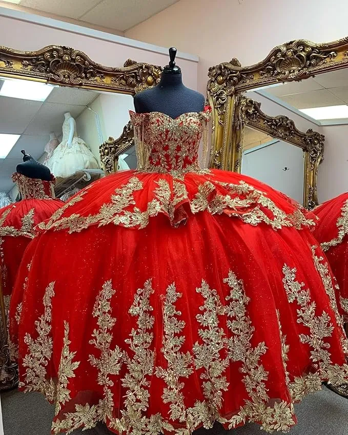 Off Shoulder Ball Gown Red Quinceanera Dress With Gold Lace Embellishment sold by My Chic Dress