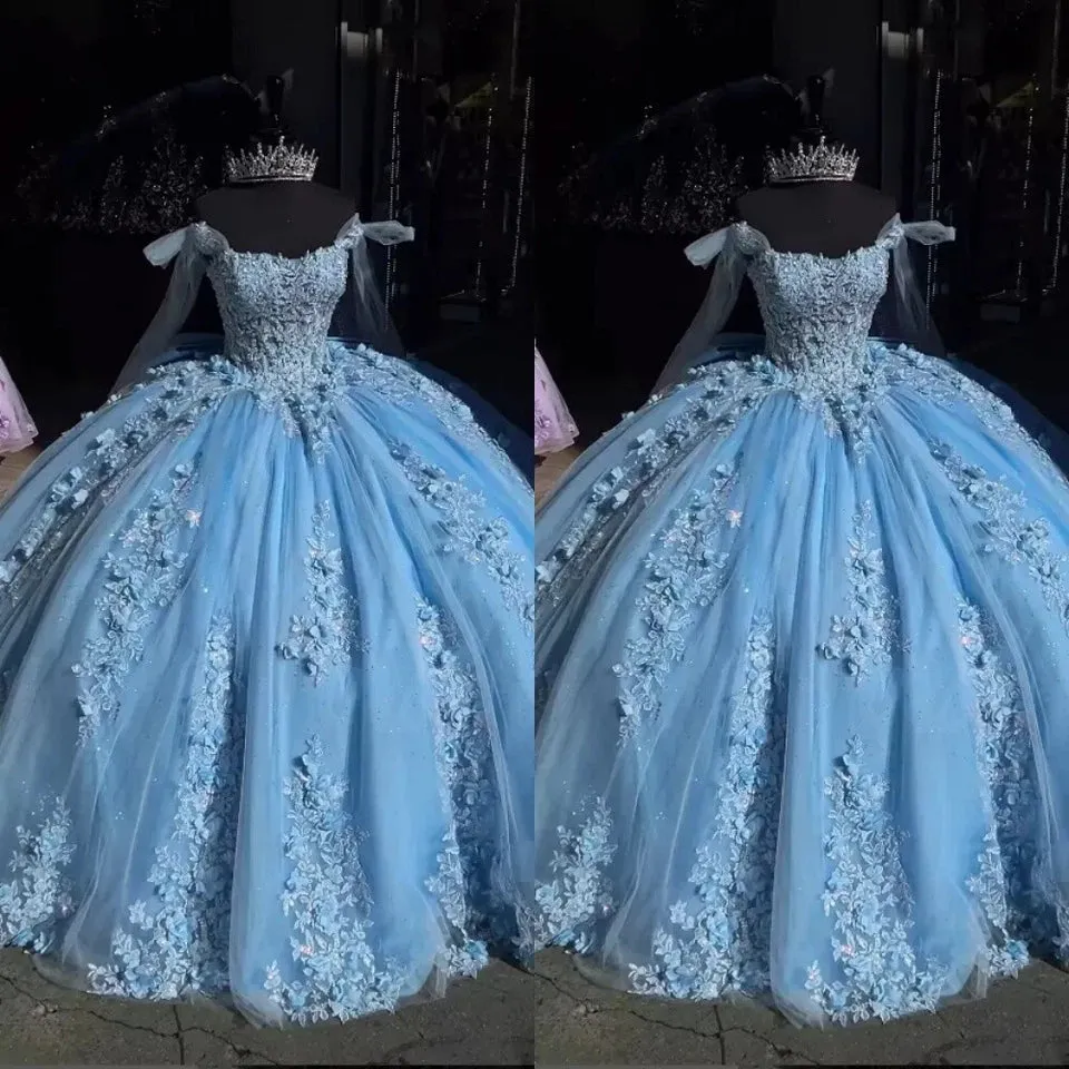 Light Blue Lace Quinceanera dress, 3D FLowers Sweet 16 ball gowns sold by My Chic Dress product image thumbnail 3