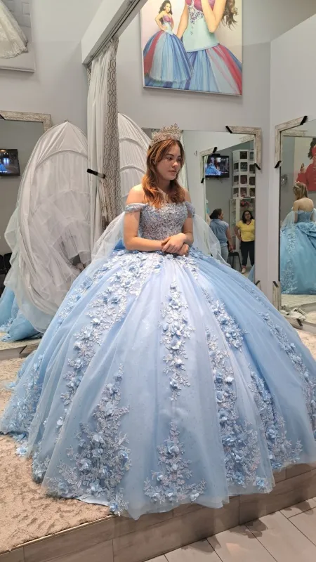 Light Blue Lace Quinceanera dress,  3D FLowers Sweet 16 ball gowns sold by My Chic Dress