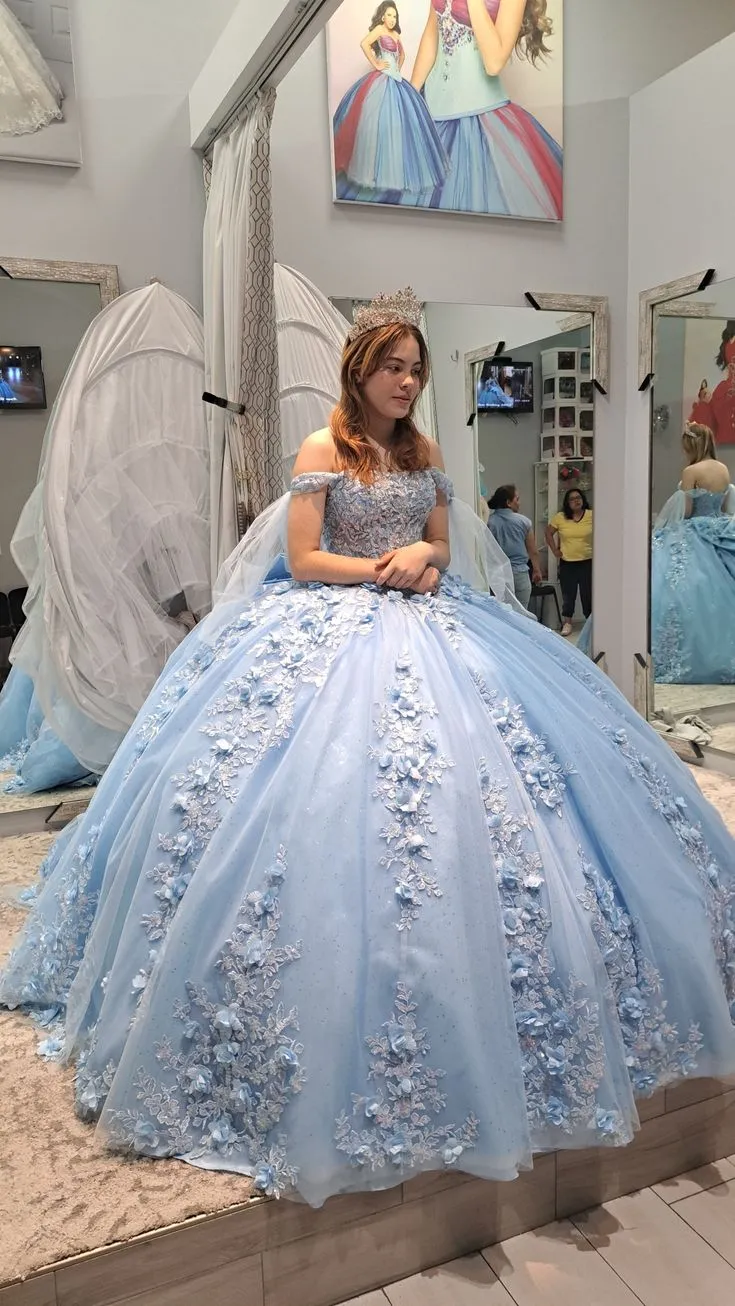 Light Blue Lace Quinceanera dress, 3D FLowers Sweet 16 ball gowns sold by My Chic Dress