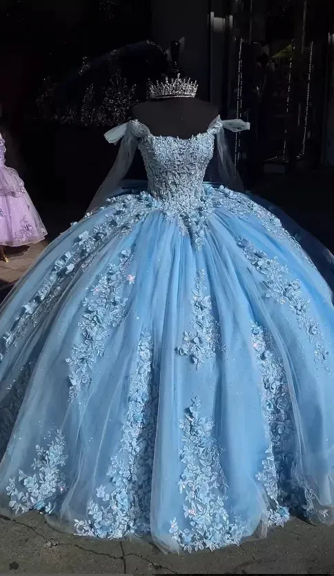 Light Blue Lace Quinceanera dress, 3D FLowers Sweet 16 ball gowns sold by My Chic Dress product image thumbnail 4