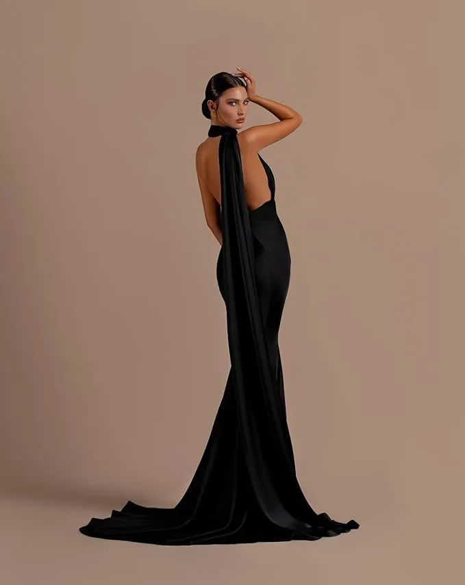 Halter Mermaid Satin Black Evening Dress Long Sleeveless sold by My Chic Dress product image thumbnail 4