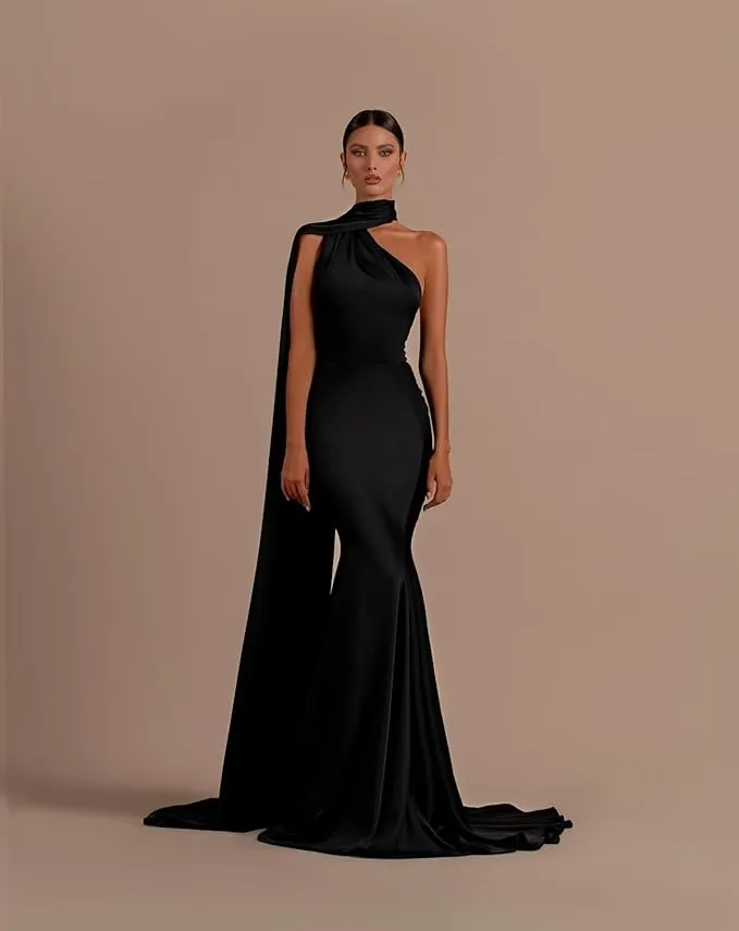 Halter Mermaid Satin Black Evening Dress Long Sleeveless sold by My Chic Dress