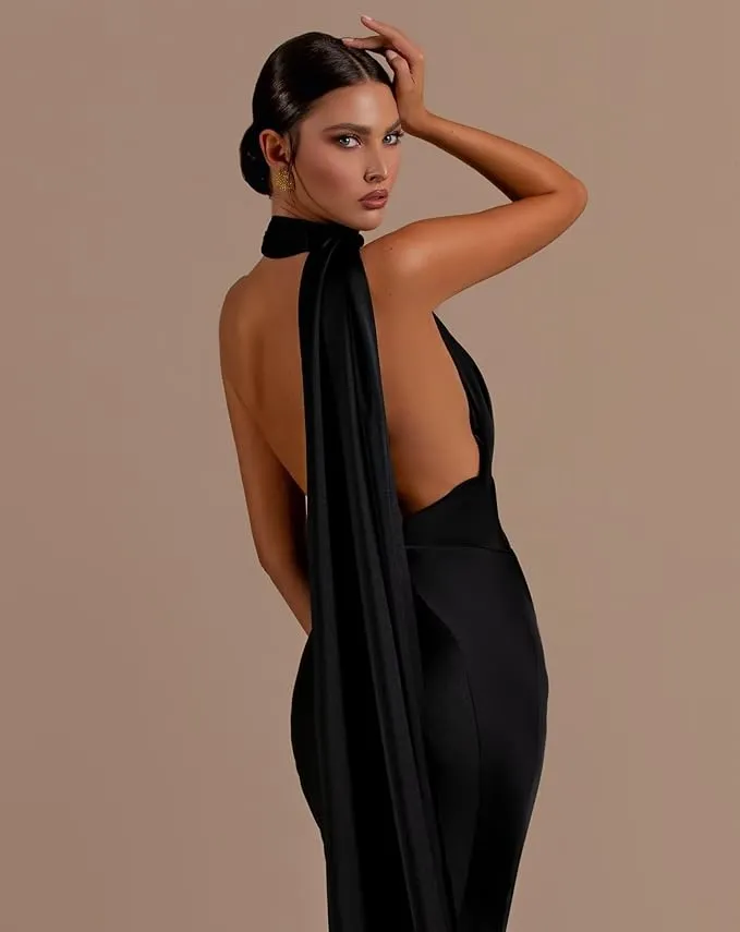 Halter Mermaid Satin Black Evening Dress Long Sleeveless sold by My Chic Dress product image thumbnail 3
