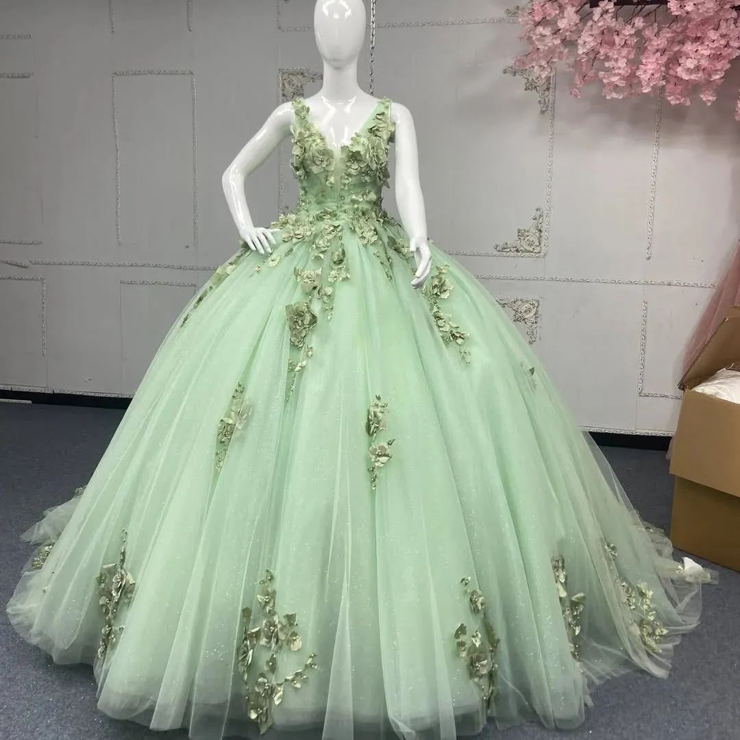Sweet 16 Dress Strapless V Neck Quinceanera Dress Sage Green Appliques sold by My Chic Dress