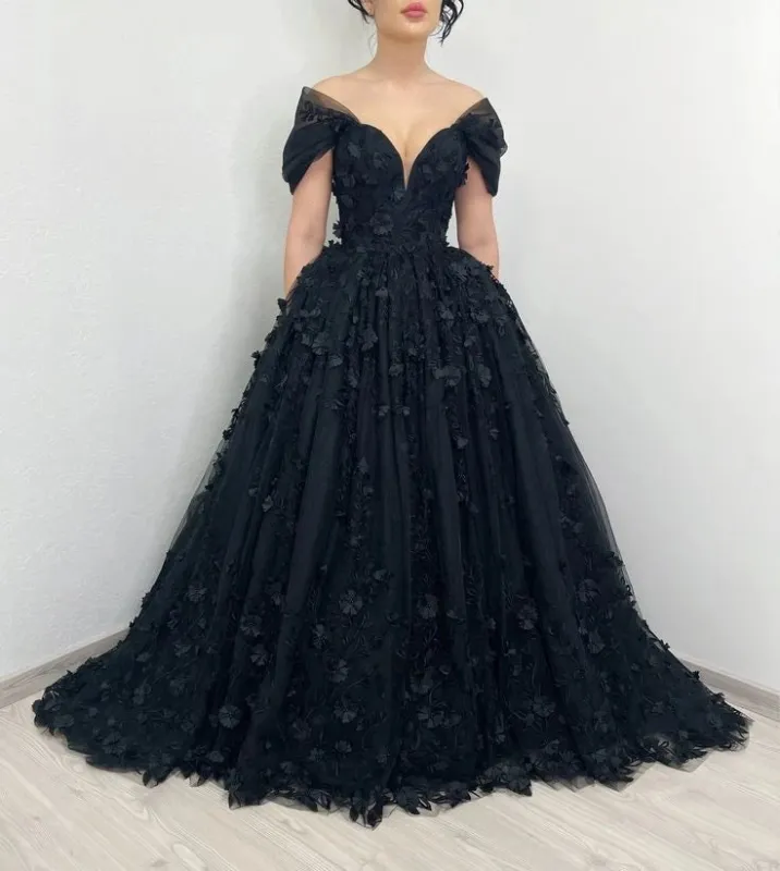 Gorgeous Black Wedding Dress Corset 3D Flower A-line Gothic Bridal Gowns sold by My Chic Dress