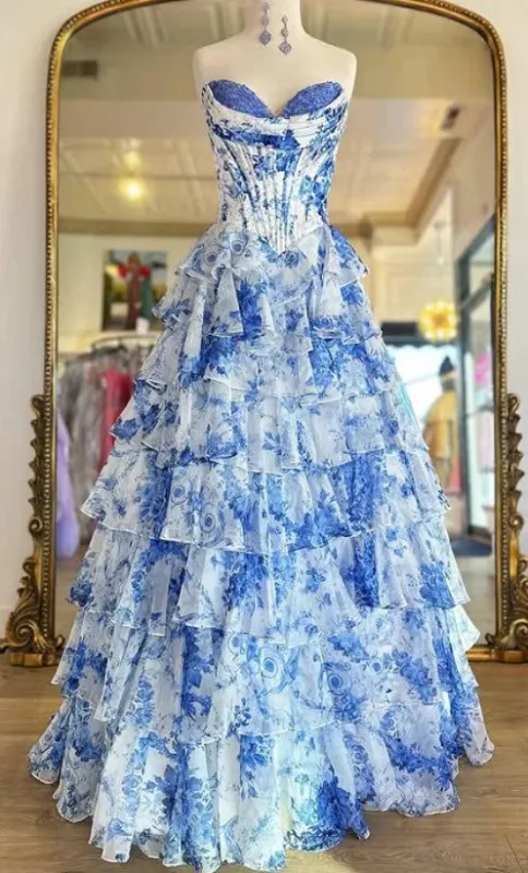 Strapless Blue Floral Print Prom Dress UK Chiffon Long with Ruffle Skirt sold by My Chic Dress