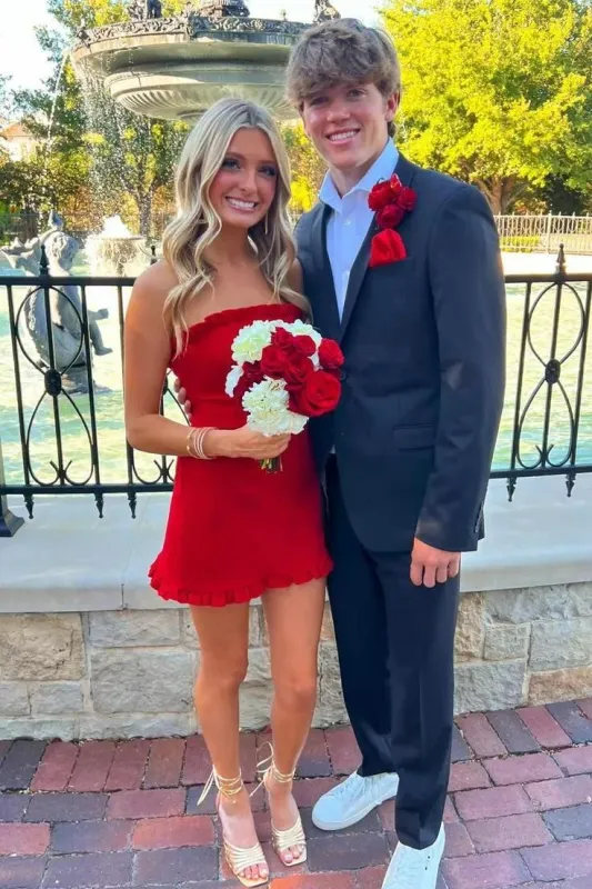 Red Strapless Mini Hoco Dress Tighted Short with Ruffles sold by My Chic Dress