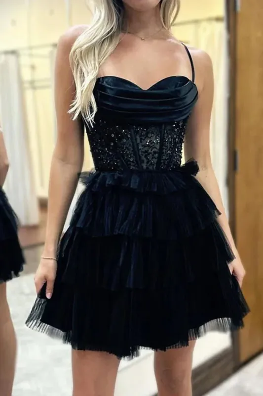 Tiered Beaded Homecoming Dress Corset Black A-Line sold by My Chic Dress