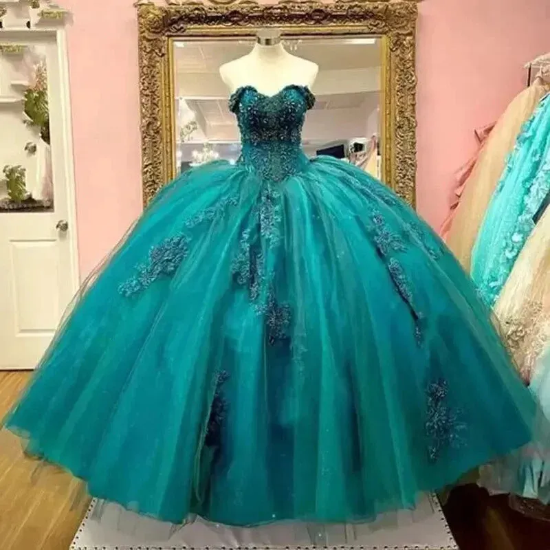 Cheap Turquoise Quinceanera Dress Off the Shoulder Beaded Applique sold by My Chic Dress