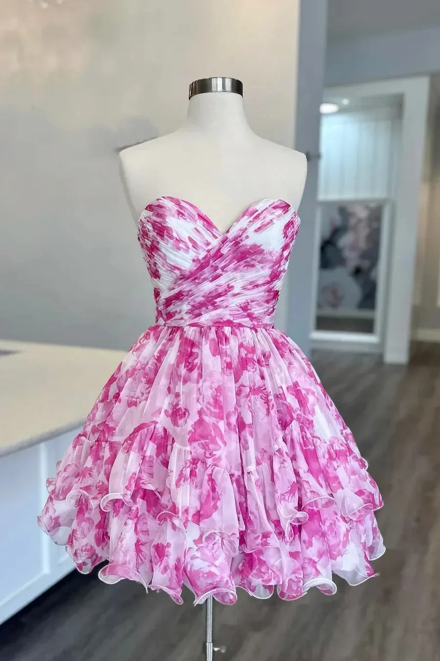 Printed Pink Floral Homecoming Dress Short Sweet 16 Dress sold by My Chic Dress product image thumbnail 3