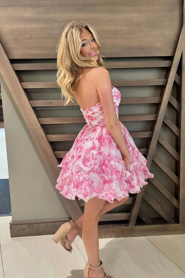 Printed Pink Floral Homecoming Dress Short Sweet 16 Dress sold by My Chic Dress product image thumbnail 2