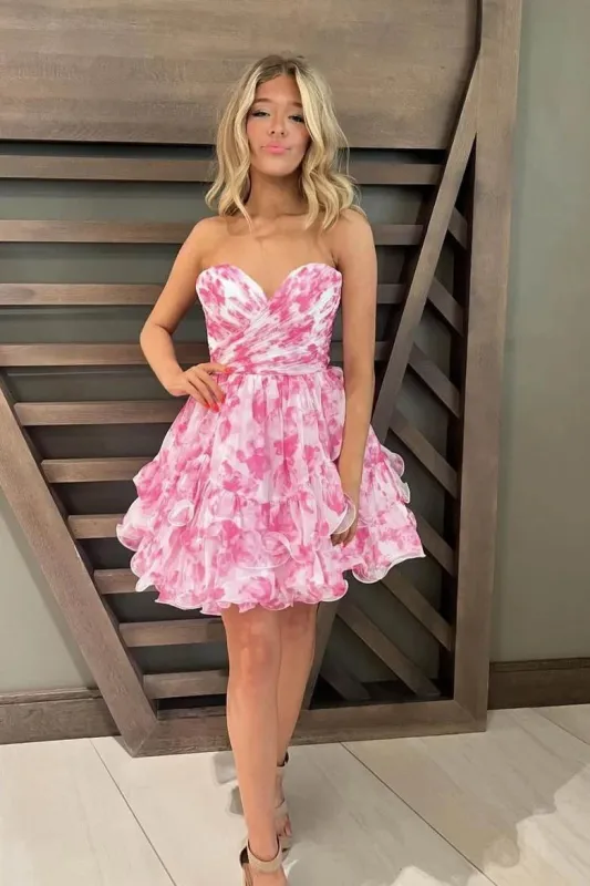 Printed Pink Floral Homecoming Dress Short Sweet 16 Dress sold by My Chic Dress