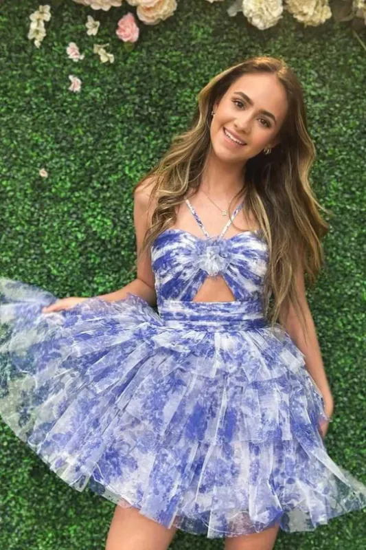 Short Floral Blue Homecoming Dress Halter Chiffon A-Line sold by My Chic Dress