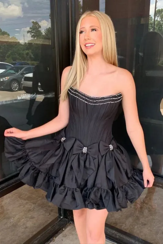 Short Strapless Black Homecoming Dress Satin Beaded with Bow sold by My Chic Dress
