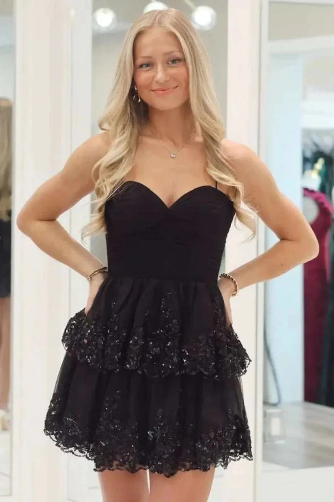 A-Line Lace Black Short Homecoming Dress Sweetheart Spaghetti Straps sold by My Chic Dress