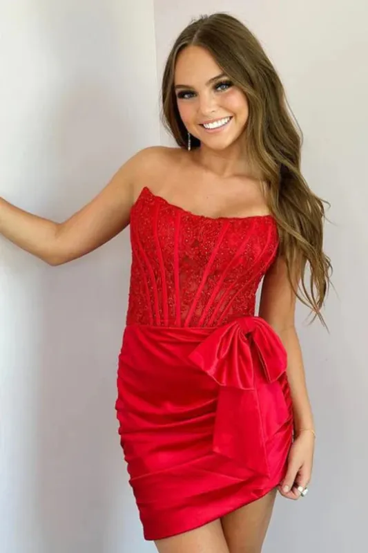 Sexy Strapless Red Homecoming Dress Short Lace Summer Dress sold by My Chic Dress