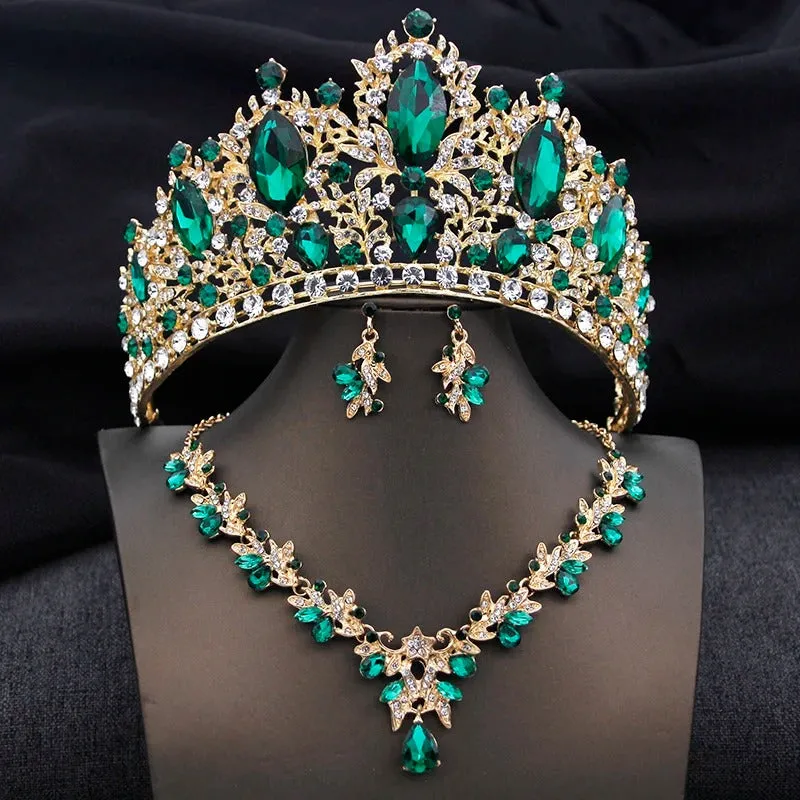 3PCS Green Crystal Crown Bridal Jewelry Sets Wedding Tiaras Set for Women sold by My Chic Dress