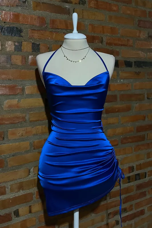 Sexy Royal Blue Summer Mini Dress Short Halter Ruched Lace-up sold by My Chic Dress