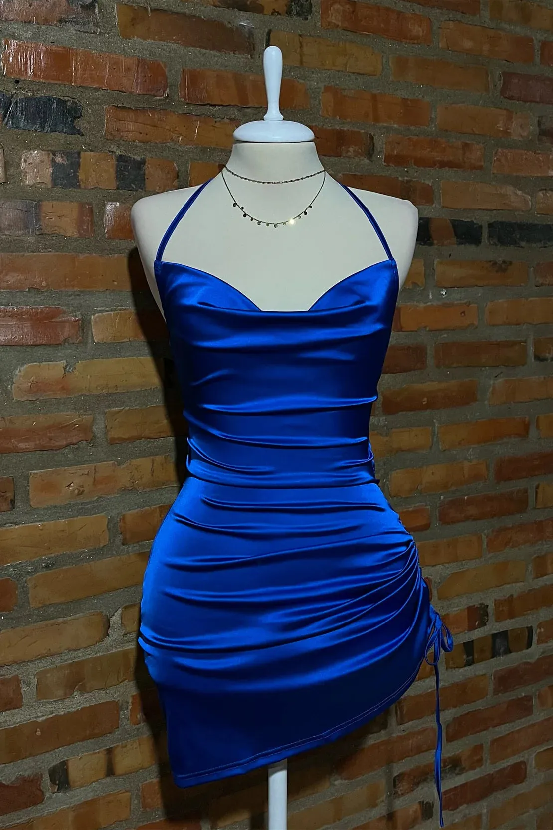 Sexy Royal Blue Summer Mini Dress Short Halter Ruched Lace-up sold by My Chic Dress