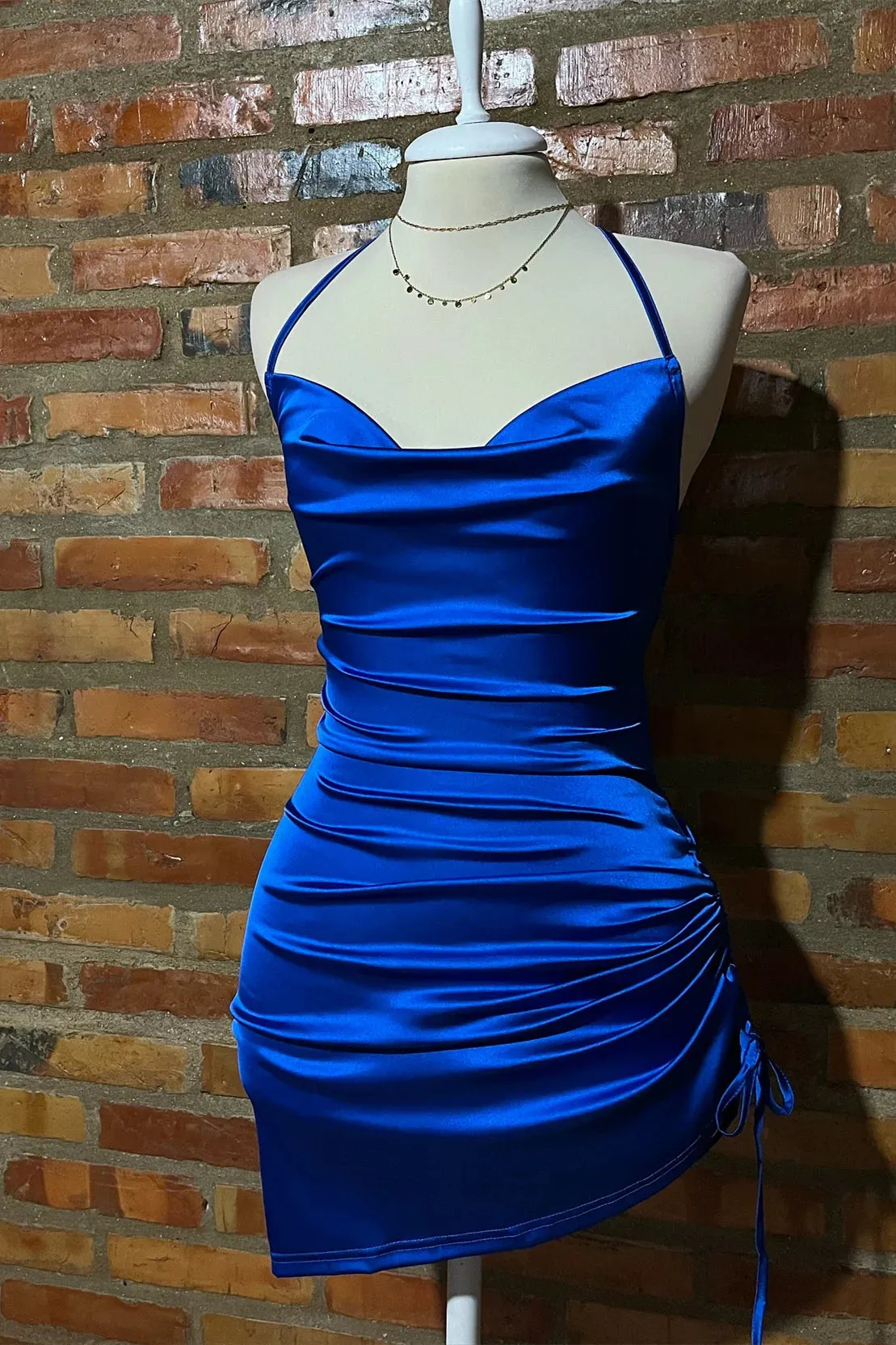 Sexy Royal Blue Summer Mini Dress Short Halter Ruched Lace-up sold by My Chic Dress product image thumbnail 3