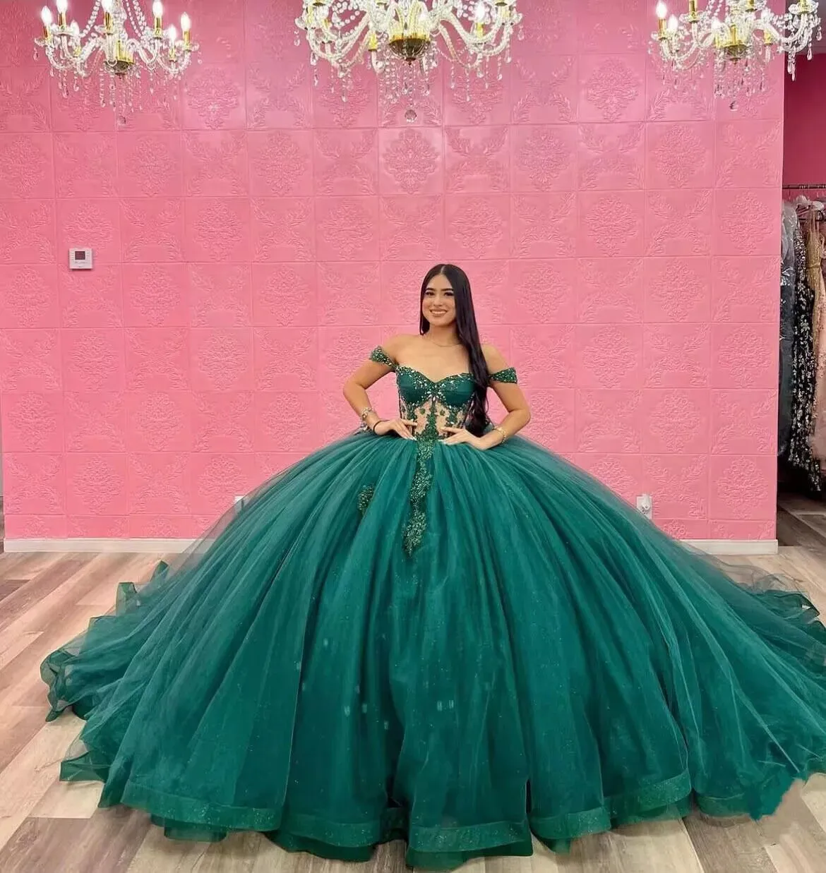 Discount Emerald Green Quinceanera Dresses Lace Tulle Illusion Sweet 16 Gown sold by My Chic Dress