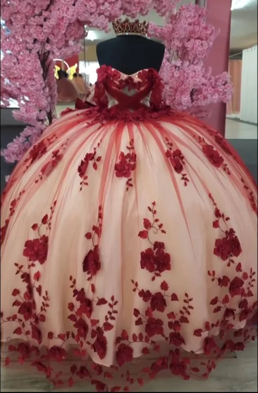 Top Quality Quinceanera Dress Red off the shoulder with 3D Flowers sold by My Chic Dress