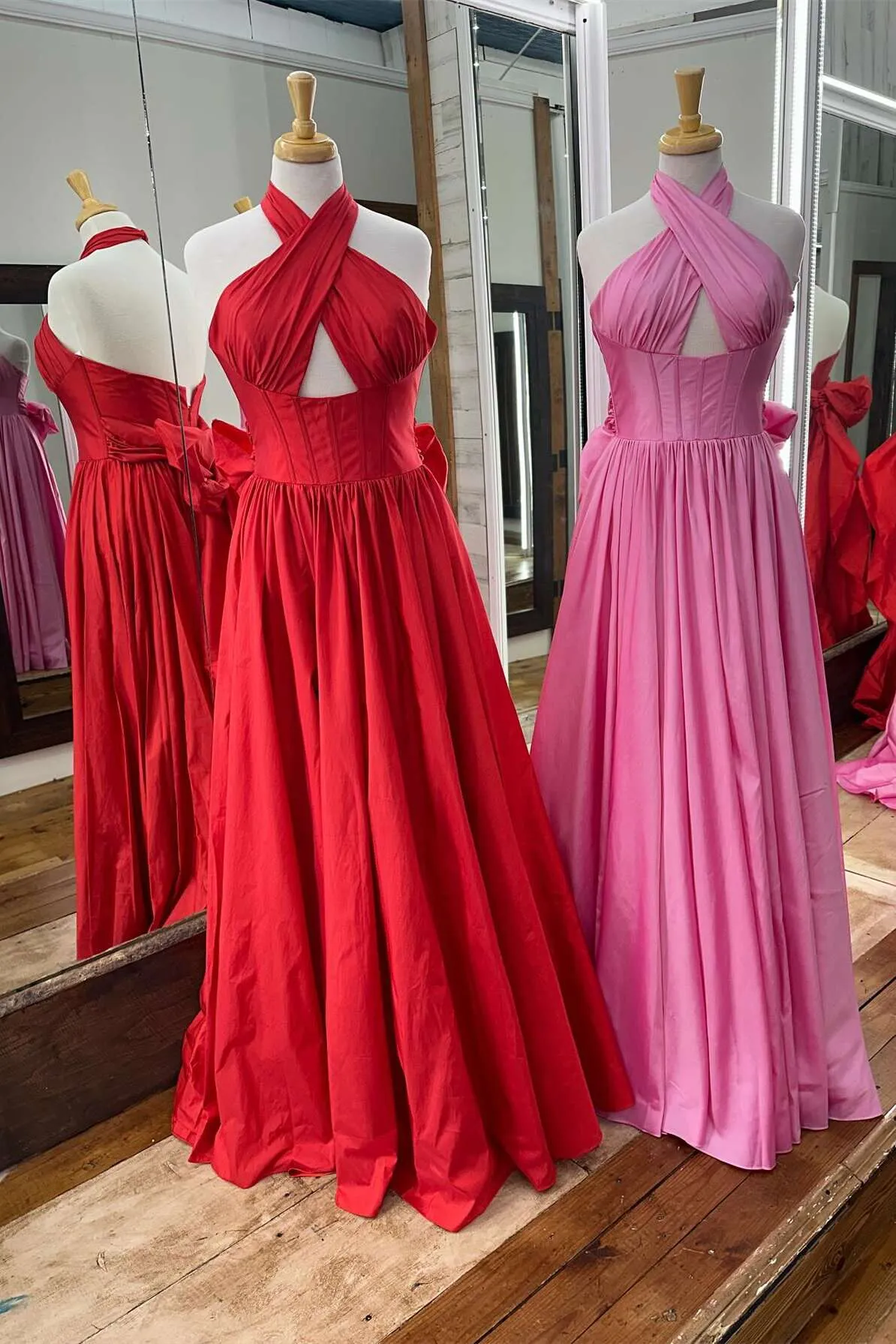 A-line Long Pink Evening Dress Halter Taffeta with Bow sold by My Chic Dress product image thumbnail 3