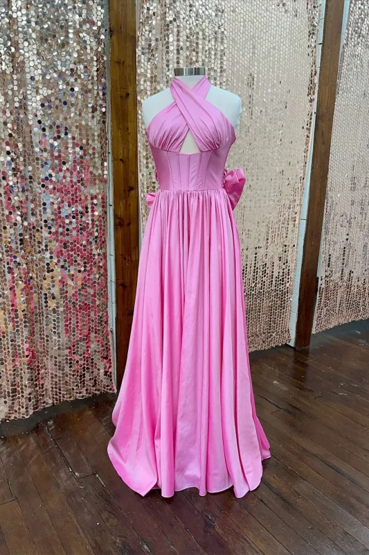 A-line Long Pink Evening Dress Halter Taffeta with Bow sold by My Chic Dress