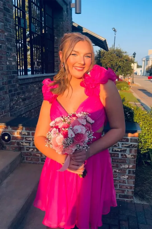 Straps Short Homecoming Dress Hot Pink Pleated Ruffles sold by My Chic Dress