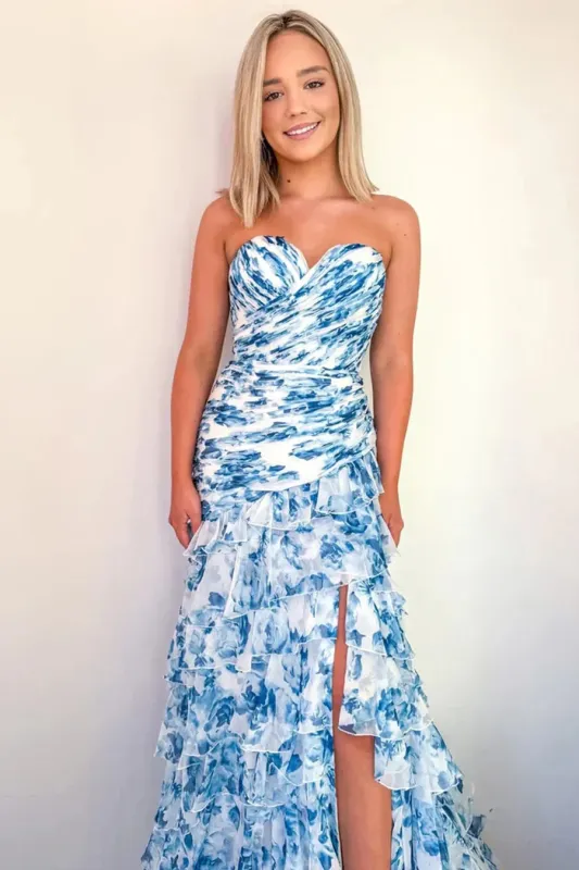 Strapless Tiered Printed Prom Dress Blue Mermaid Chiffon Sweetheart sold by My Chic Dress