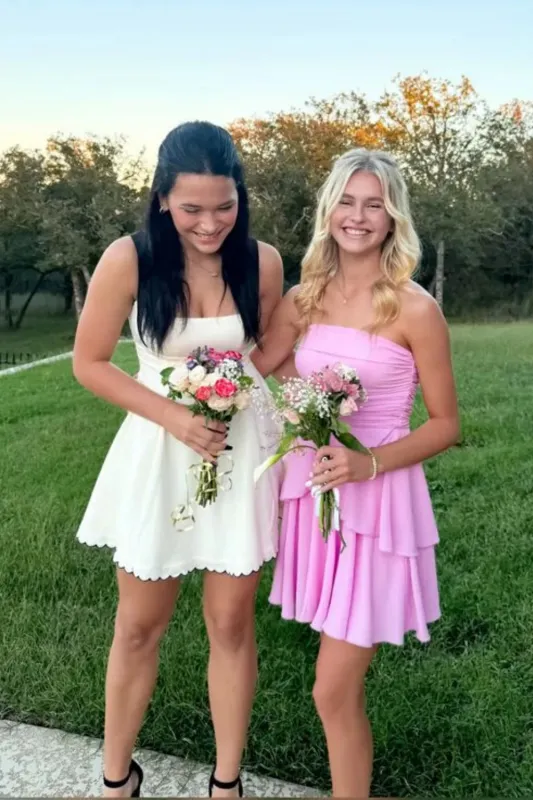 Pink Chiffon Short Homecoming Dress Strapless Ruched with Ruffle sold by My Chic Dress