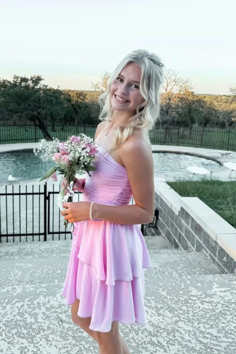 Pink Chiffon Short Homecoming Dress Strapless Ruched with Ruffle sold by My Chic Dress product image thumbnail 3