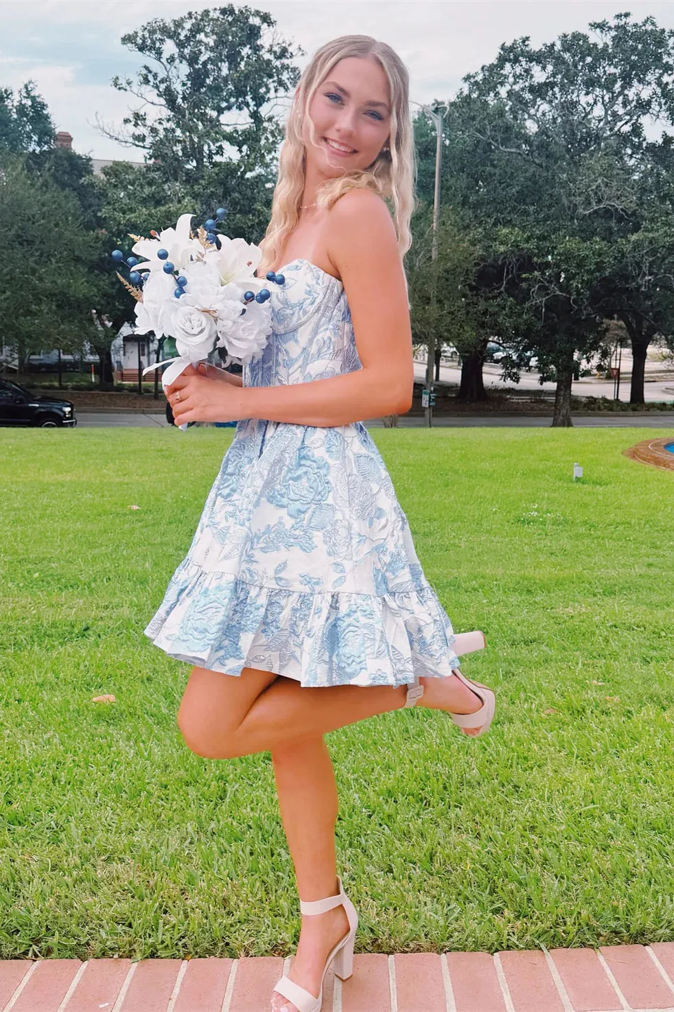 Simple Strapless Floral Printed Blue Homecoming Dress Mini sold by My Chic Dress product image thumbnail 2