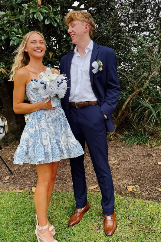 Simple Strapless Floral Printed Blue Homecoming Dress Mini sold by My Chic Dress