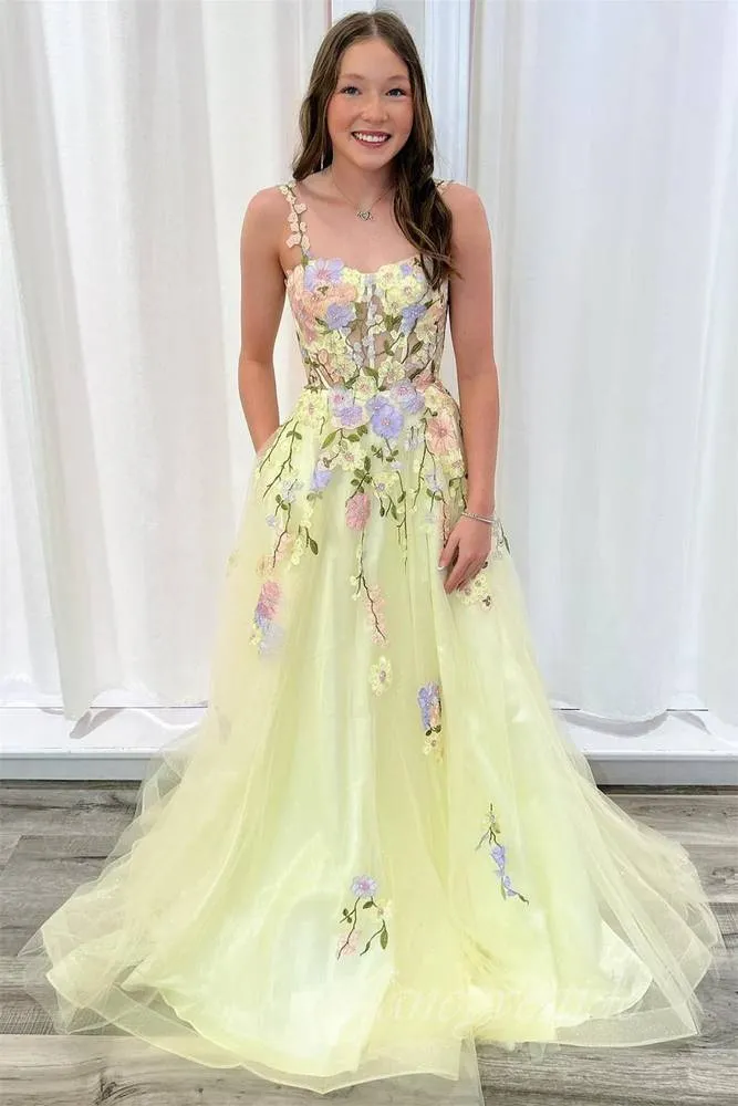 Straps Yellow Embroidery Floral Prom Dress Applique Tulle sold by My Chic Dress