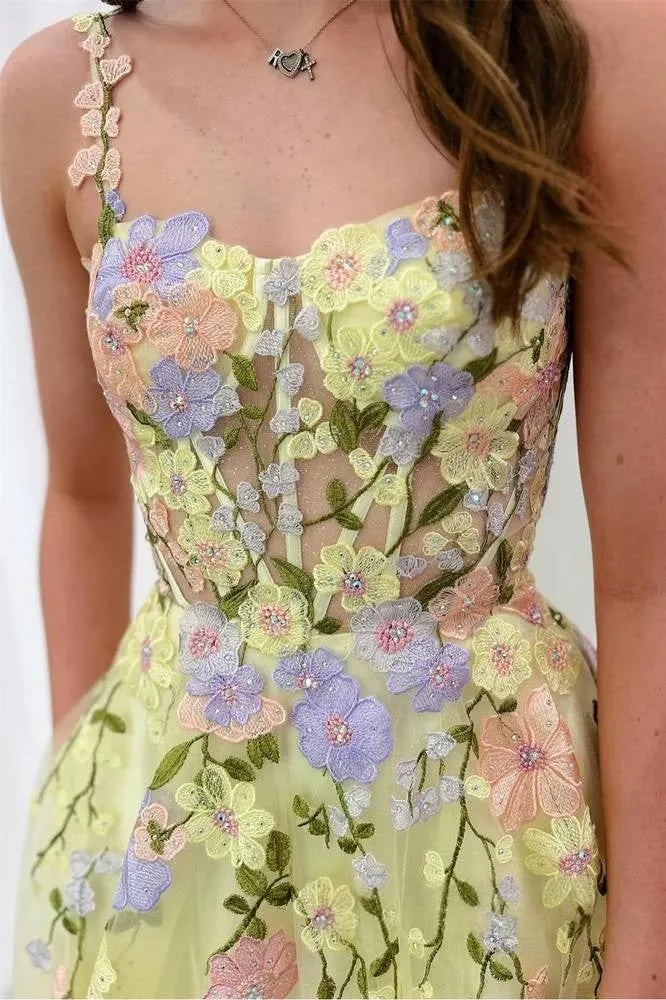 Straps Yellow Embroidery Floral Prom Dress Applique Tulle sold by My Chic Dress product image thumbnail 3