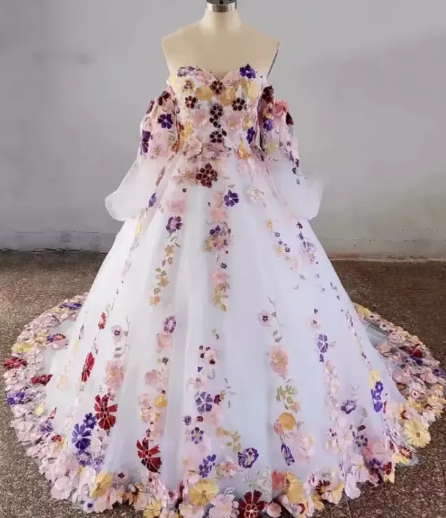 Puff Sleeves Floral Wedding Dress for Women Tulle 3D Flowers sold by My Chic Dress
