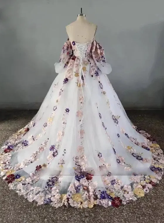 Puff Sleeves Floral Wedding Dress for Women Tulle 3D Flowers sold by My Chic Dress product image thumbnail 4